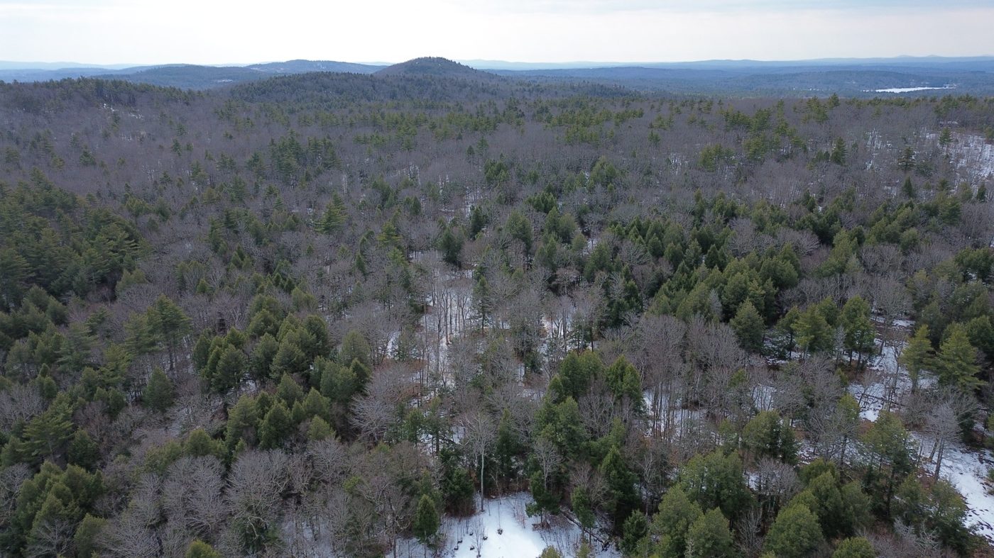 Aerial view of wooded land with hills beyond